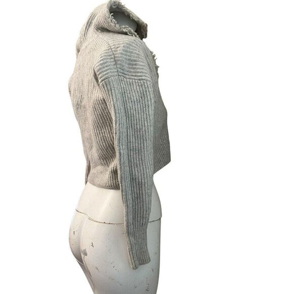 Ladies Small Gray Hooded Cropped Wool Cashmere Sweater Frayed Pullover Ribbed - Picture 5 of 7